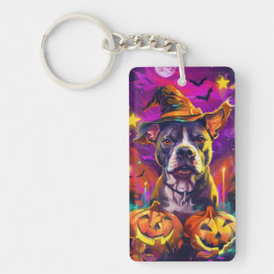 Spooky Pitbull Dog Halloween Witch And Pumpkin  Key Ring