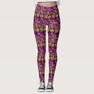 Spooky Pitbull Dog Halloween Witch And Pumpkin  Leggings
