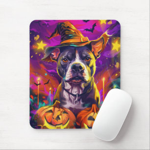 Spooky Pitbull Dog Halloween Witch And Pumpkin  Mouse Mat