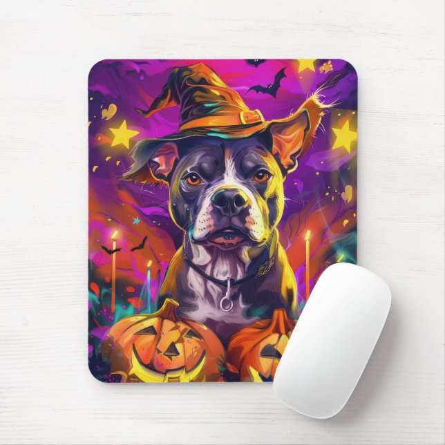 Spooky Pitbull Dog Halloween Witch And Pumpkin  Mouse Mat (With Mouse)