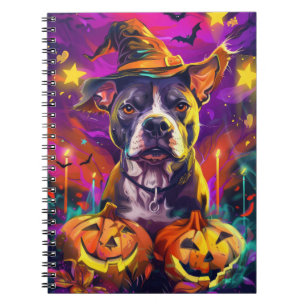 Spooky Pitbull Dog Halloween Witch And Pumpkin Notebook
