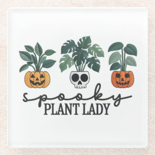 Spooky Plant Lady Halloween Monstera Design Glass Coaster