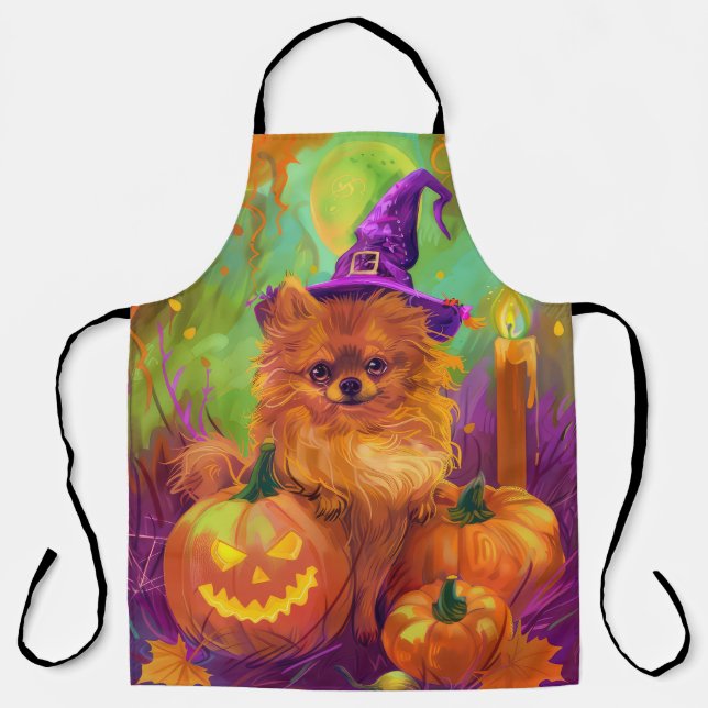 Spooky Pomeranian Dog Halloween Witch And Pumpkin Apron (Front)