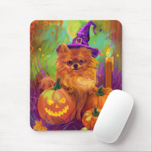 Spooky Pomeranian Dog Halloween Witch And Pumpkin Mouse Mat