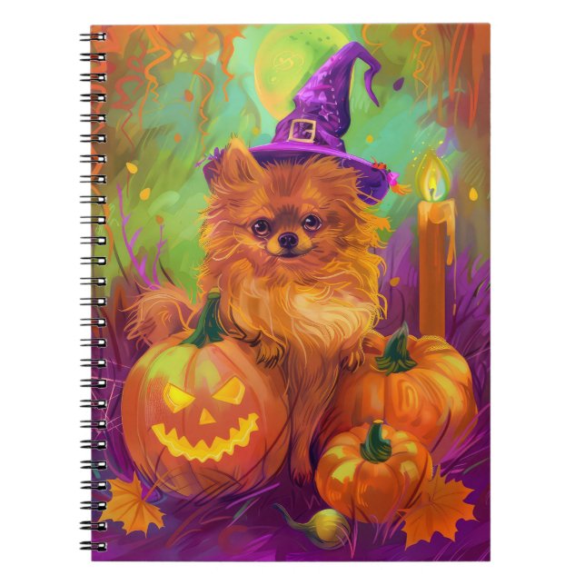 Spooky Pomeranian Dog Halloween Witch And Pumpkin Notebook (Front)