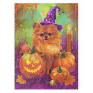 Spooky Pomeranian Dog Halloween Witch And Pumpkin Tablecloth