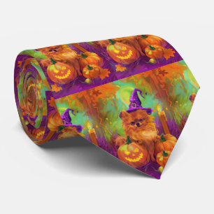 Spooky Pomeranian Dog Halloween Witch And Pumpkin Tie