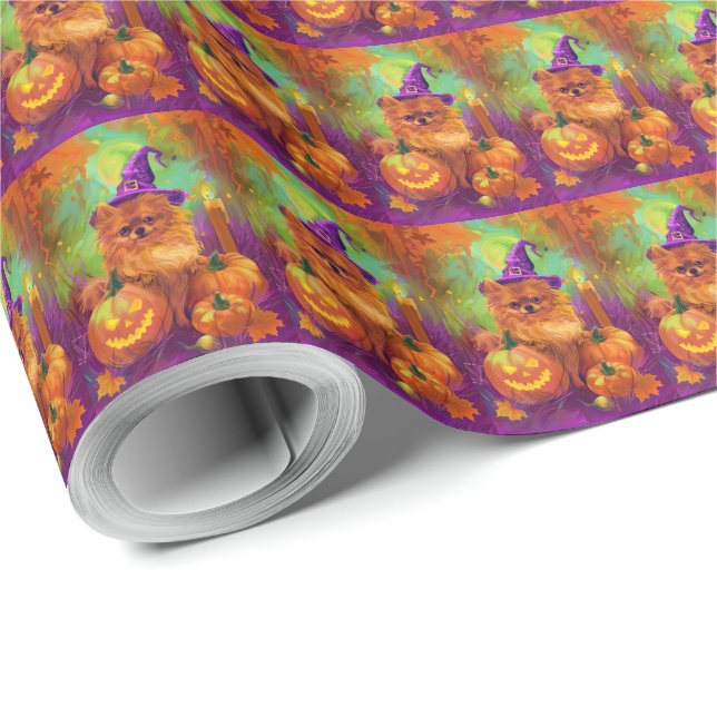 Spooky Pomeranian Dog Halloween Witch And Pumpkin Wrapping Paper (Roll Corner)