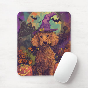 Spooky Poodle Dog Halloween Witch And Pumpkin Mouse Mat