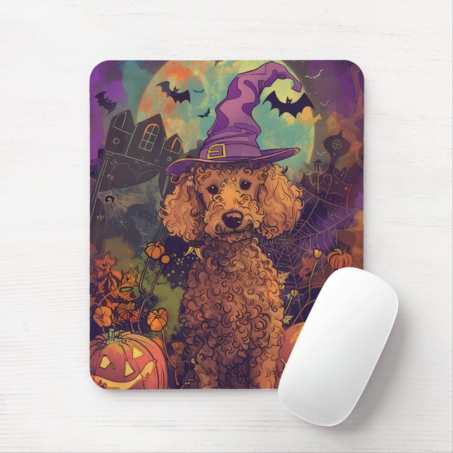 Spooky Poodle Dog Halloween Witch And Pumpkin Mouse Mat (With Mouse)