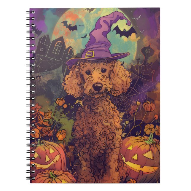 Spooky Poodle Dog Halloween Witch And Pumpkin Notebook (Front)