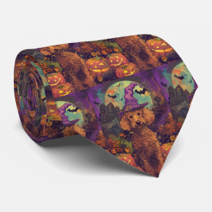 Spooky Poodle Dog Halloween Witch And Pumpkin Tie