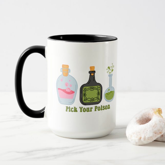 Spooky potion bottles pick your poison halloween mug (With Donut)