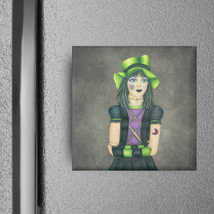 Spooky Pretty girl Green Hat Spiderweb Light Grey Magnet