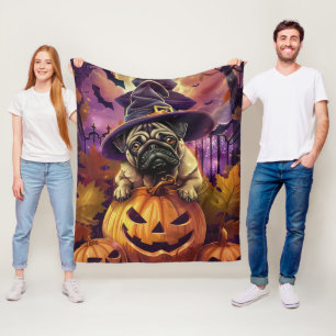 Spooky Pug Dog Halloween Witch And Pumpkin Fleece Blanket