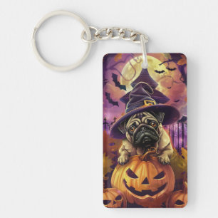 Spooky Pug Dog Halloween Witch And Pumpkin Key Ring