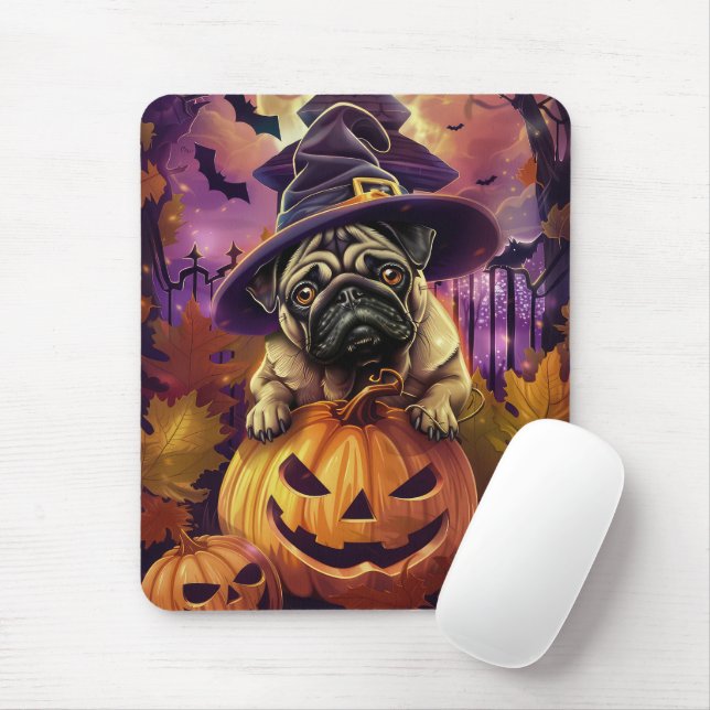 Spooky Pug Dog Halloween Witch And Pumpkin Mouse Mat (With Mouse)