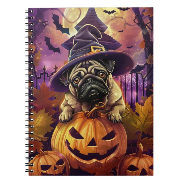 Spooky Pug Dog Halloween Witch And Pumpkin Notebook (Front)