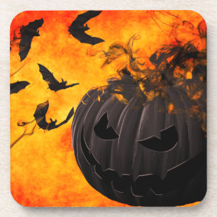 Spooky pumpkin and bats illustration coaster