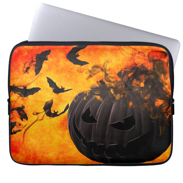 Spooky pumpkin and bats illustration laptop sleeve (Front)