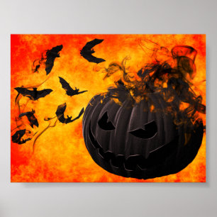 Spooky pumpkin and bats illustration poster
