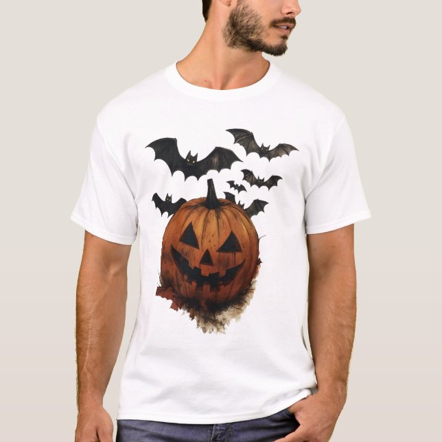 Spooky Pumpkin & Bats Halloween Art T-Shirt (Front)