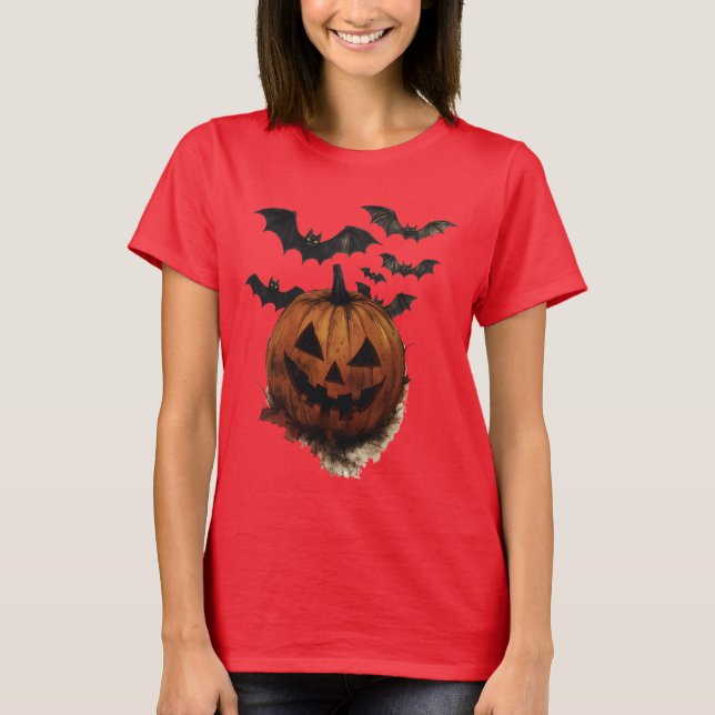 Spooky Pumpkin & Bats Halloween Art T-Shirt (Front)