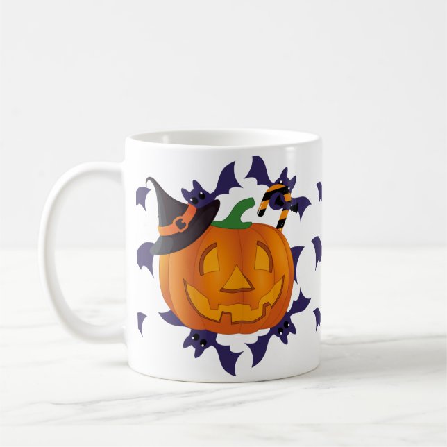 Spooky Pumpkin & Bats Halloween Cute Witch Hat Coffee Mug (Left)