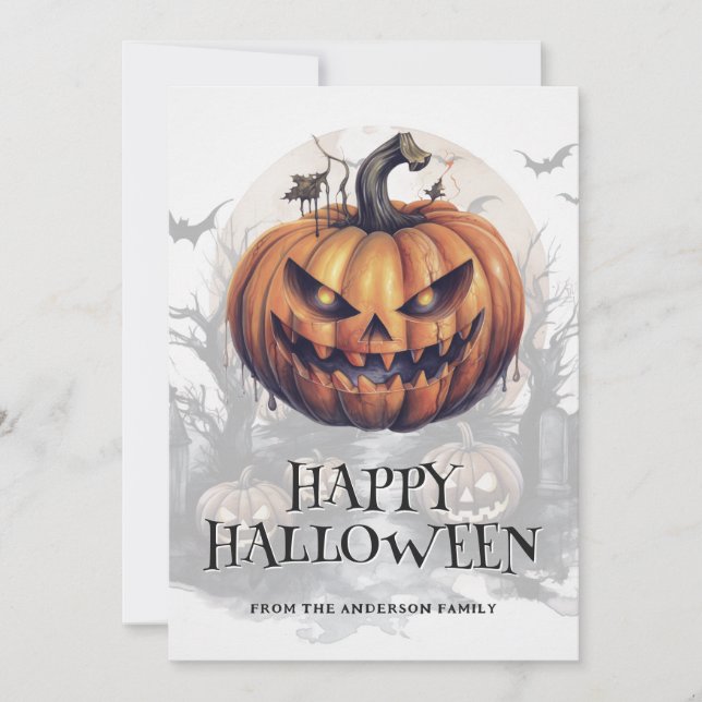 Spooky Pumpkin Bats Moon Calligraphy Halloween Holiday Card (Front)