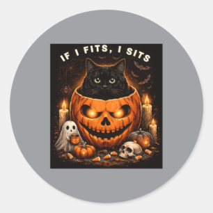 Spooky Pumpkin Black Cat If I Fits I Sits Classic Round Sticker
