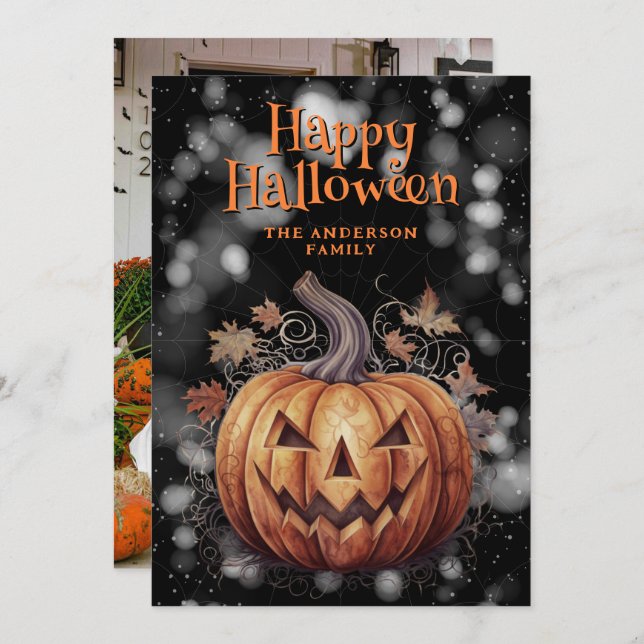 Spooky Pumpkin Cobweb Photo Happy Halloween Card (Front/Back)