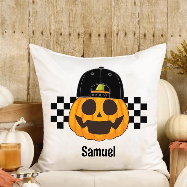 Spooky Pumpkin Dude Retro Boys Name Fall Halloween Cushion (Spooky Pumpkin Dude Retro Boys Name Fall Halloween Throw Pillow)