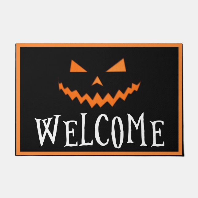 Spooky Pumpkin Face Orange Black Halloween Welcome Doormat (Front)