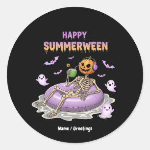 Spooky Pumpkin Faced Skeleton Fun Happy Summerween Classic Round Sticker