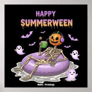 Spooky Pumpkin Faced Skeleton Fun Happy Summerween Poster