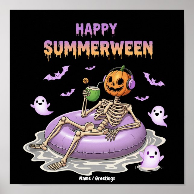 Spooky Pumpkin Faced Skeleton Fun Happy Summerween Poster (Front)
