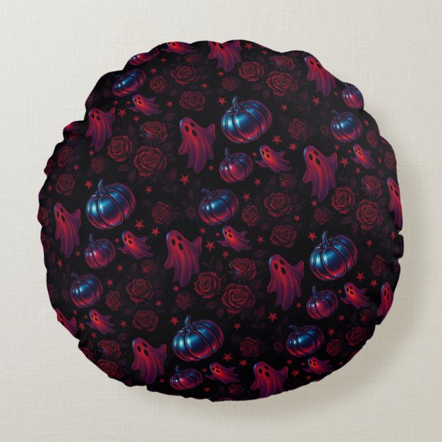 Spooky Pumpkin Ghost Rose Round Pillow (Front)