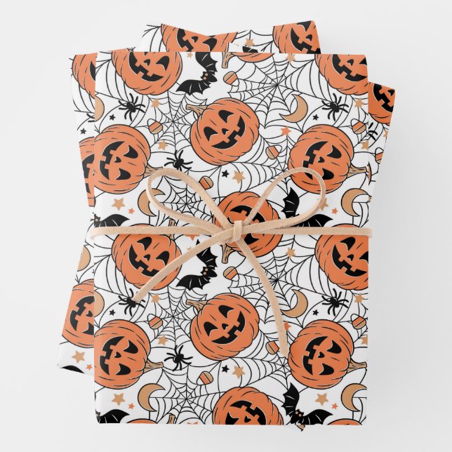 Spooky Pumpkin Halloween Pattern Wrapping Paper Sheet (In situ)