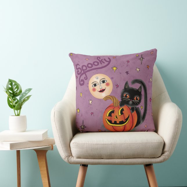 Spooky Pumpkin Kitten Moon - Light Purple Cushion (Chair)