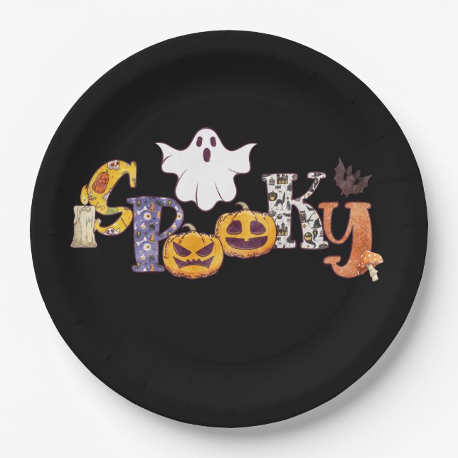 Spooky Pumpkin Mushroom Ghost Bat Halloween Paper Plate (Front)