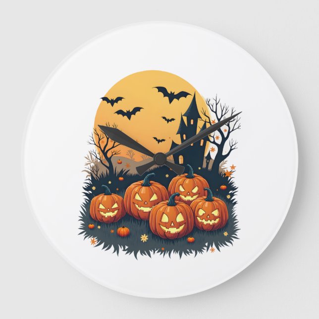 Spooky Pumpkin Patch � Retro Halloween Tee Large Clock (Front)