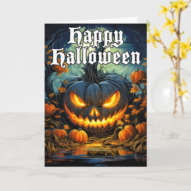 Spooky Pumpkin Scary Halloween Card (Yellow Flower)