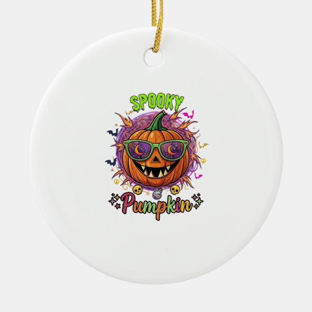 Spooky Pumpkin Sunglasses Moon Cobwebs Skulls Ceramic Tree Decoration (Front)
