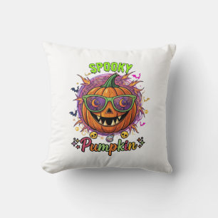 Spooky Pumpkin Sunglasses Moon Cobwebs Skulls Cushion