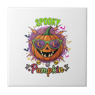 Spooky Pumpkin Sunglasses Moon Cobwebs Skulls Tile