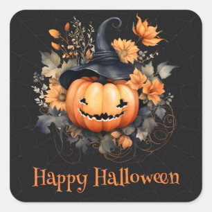 Spooky Pumpkin Web Black Orange Happy Halloween Square Sticker
