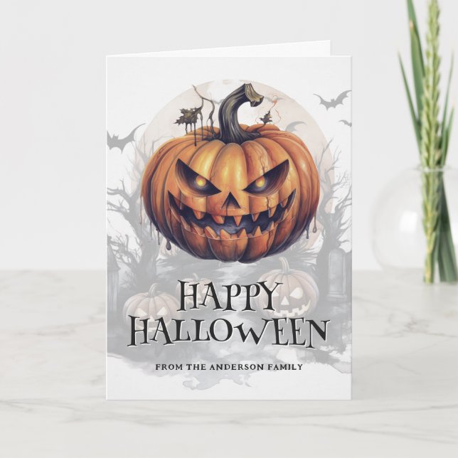Spooky Pumpkins Bats Moon Photo Happy Halloween Card (Front)