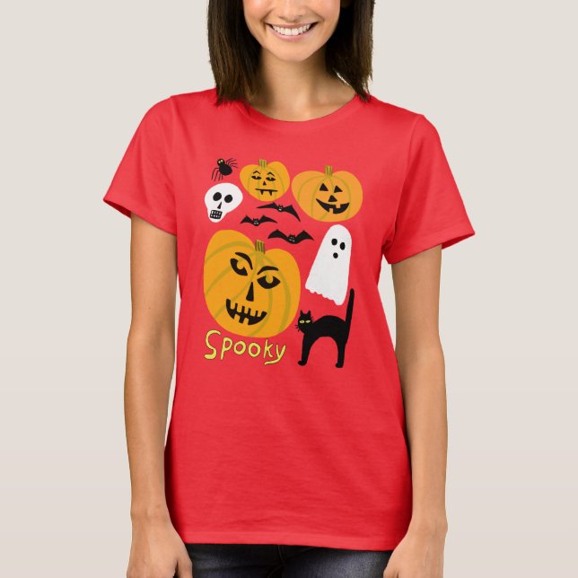 Spooky Pumpkins Charming Halloween Ghosts Bats T-Shirt (Front)