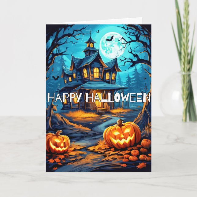 Spooky Pumpkins Haunted House Happy Halloween Card (Front)