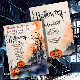 Spooky pumpkins haunted house watercolor Halloween Invitation